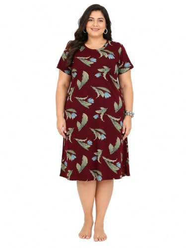 Image of 9shines Label Hosiery Cotton Knee Length Short Night Dress | Short Nighty for Women with Pocket | Graphic Print Nightwear | Night Gown for Women (M-7XL)