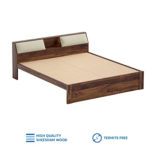 Image of Solid Wood Cazz King Size Bed with Headboard Storage | Palang Cots Wooden Double Beds for Bedroom, Living Room, Hotel and Home (Natural Finish)
