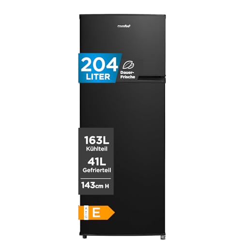 Comfee RCT284DK2A Kühl-/Gefrierkombination/Gefrierteil oben/176 kWh/Jahr/143cm Höhe/LED Licht/Reversibles Türscharnier/Schwarz