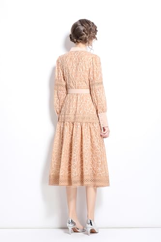 Image of LAI MENG FIVE CATS Women's Round Neck Lantern Sleeves Embroidery Button Layered Lace Hem Midi Dress with Belt