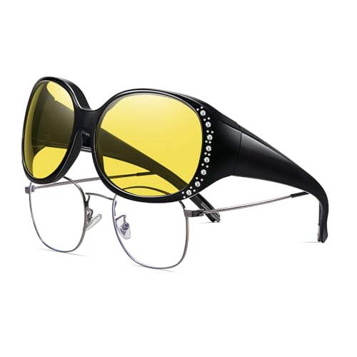 HAOLOTA Women's Polarized Fit Over Sunglasses with Rhinestone, Sun Glasses for Prescription Glasses UV400 Protection Nv01 L Size Black Frame Night Vision Lens