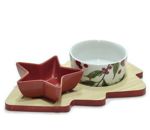 COSE DA CASA Antipastiera 2 Posti con Ciotole in Ceramica Albero di Natale e Base in Legno di Bambù - Ottima Idea Regalo per Natale Porta Stuzzichini Natalizio