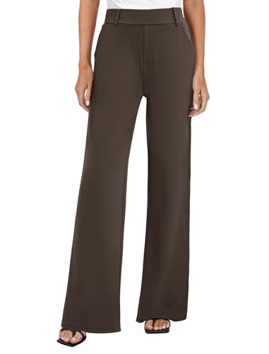 FireSwan Women's Wide Leg Dress Pants High Waisted Stretchy Work Trousers Business Casual Office Pull on Slacks with Pockets Brown