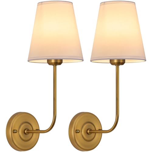 Image of Hardwired Wall Sconce Set of 2 with Flared Shape White Textile Shade Curved Arm and Antique Brass Finish Metal Base,Perfect for Bedroom Living Room Bathroom Vanity Area