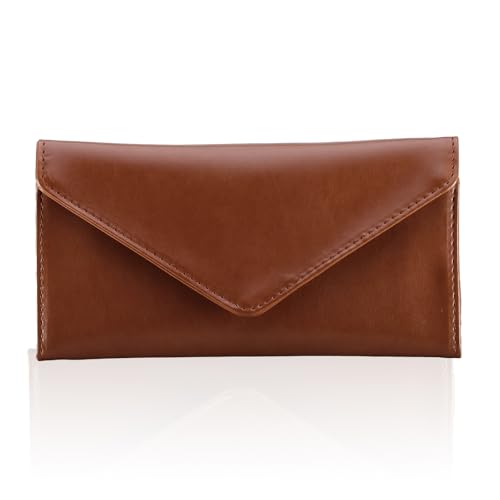 HAWEE Leather Cash Envelope Wallet, RFID Blocking Card Organizer for Women, Reusable Coin Pouch, Coffee Brown