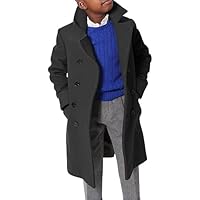 Haloumoning Boys Notch Lapel Double Breasted Long Trench Coat Casual Classic Peacoat, Dark Grey, 11-12 Years