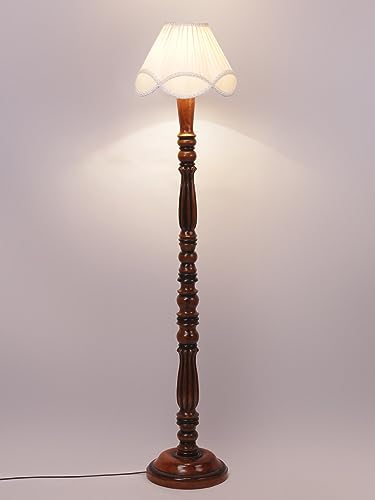 Image of Vintage Off-White Cotton Floor Lamp - 54 inch Height, Wooden Base - Classic Standing Lamp for Living Room, Home & Office Home Lighting Decor