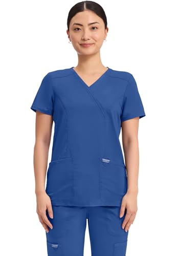 Cherokee Scrubs Top for Women Mock Wrap with 3 Pockets, Soft, 2-Way Stretch & Durable Fabric - WW610, S, Galaxy Blue