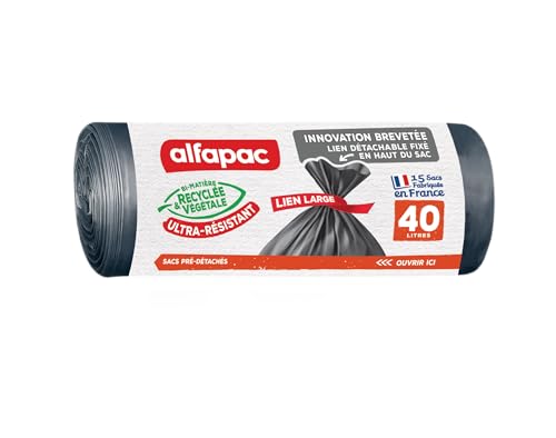 ALFAPAC Sacs Poubelle à Lien Large Ultra Résistant 74% Recyclé et 15% Végétal Fabrication Française 15 x