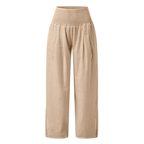 Viyabling Beach Pants For Women Summer Women High Waisted Cotton Linen Palazzo Pants Wide Leg Flowy Pant Trousers With Pocket #TOP2