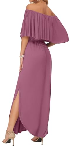 Image of AUSELILY Womens Off Shoulder Ruffle Split Summer Maxi Dresses with Pockets | Off-shoulder Ruffle dress with empire waist & side split for summer beach and casual parties