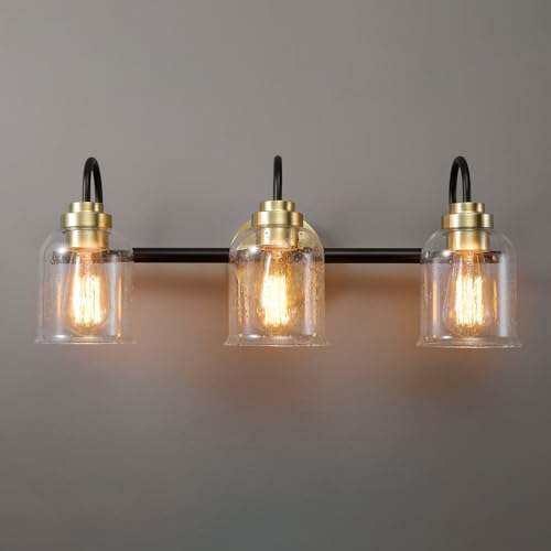 Image of Globe Electric 4-Piece All-in-One Bathroom Set, Matte Black, 3-Light Vanity Light with Seeded Glass Shades and Matte Brass Accents, Towel Bar, Toilet Paper Holder, Towel Ring