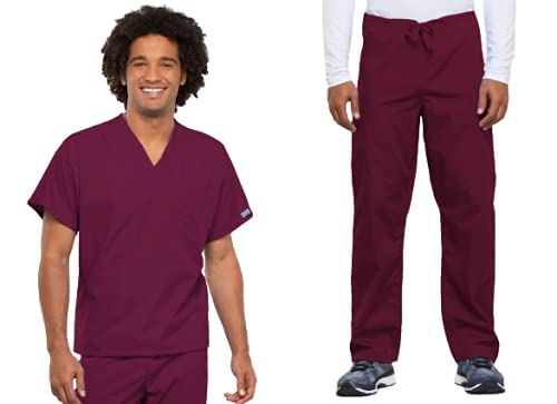 Cherokee Scrub Set for Men and Women from, Traditional Fit V-Neck Top 4777 with Natural Rise Drawstring Cargo Pant 4100