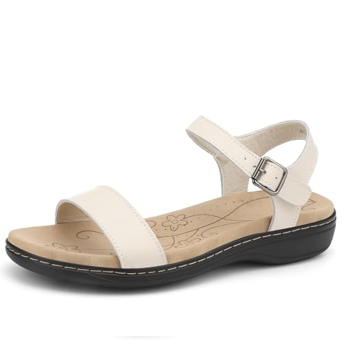Image of Women's Classic Flat Sandals Leather Open Toes Memory Foam One Band Ankle Strap Adjustable Slip On Shoes