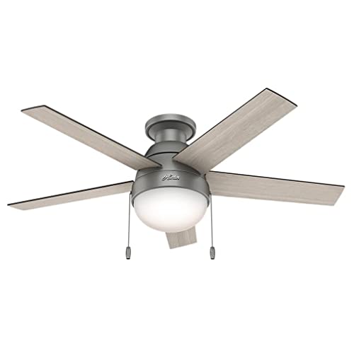 Hunter Anslee Indoor Low Profile Ceiling Fan with LED Light and Pull Chain Control, 46, Matte Silver