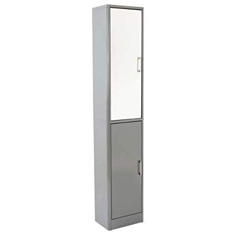 House & Homestyle Middy Mirrored Tallboy Unit, Free-Standing Bathroom Cabinet Storage Solution, 6 Tiered Slimline Space Saving Shelving with Cupboard and Mirror – Grey Gloss Finish Cover