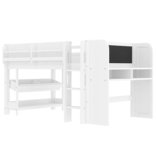Image of Twin Loft Bed with Multi-Storage Bookcases, Boxes and Drawers, Solid Wood Low Loft Beds with Desk and Blackboard, No Box Spring Needed (White-01)