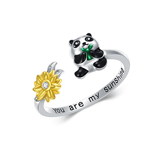 Panda Sunflower Ring 925 Sterling Silver You Are My Sunshine Sunflower Adjustable Open Ring Panda Jewelry Gifts for Women Girls Size 6 7 8