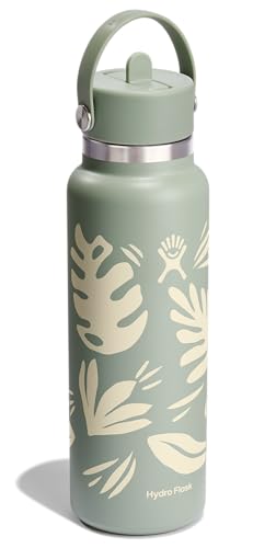 Image of Hydro Flask Water Bottle - Insulated Stainless Steel - Wide Mouth Flex Straw Lid, Non Spill, Leakproof and Refillable in 40 Oz Botanical Bliss Agave