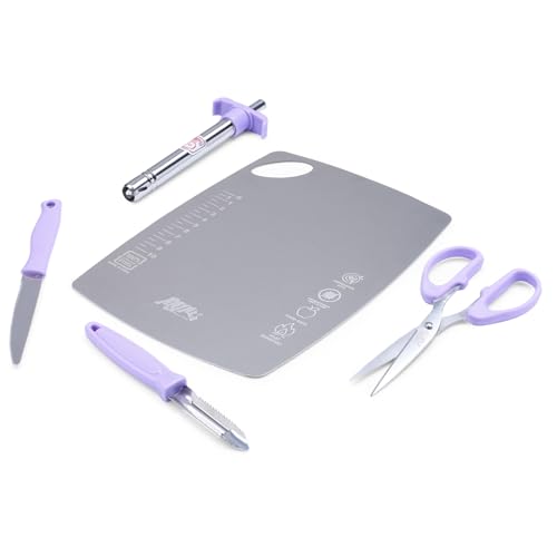 Image of Anjali 5-Piece Kitchen Tool Set - 1 Chopping Board, 1 Knife, 1 Peeler, 1 Scissor, 1 Lighter - Ideal for Cooking, Food Prep, and Various Uses for Home & Kitchen- Purple
