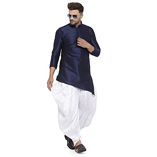 Image of Men's Silk Balloon Salwar Dhoti Pant Set (NavyB Slant Slit K But White Sal Dh40 Navy, White 40)