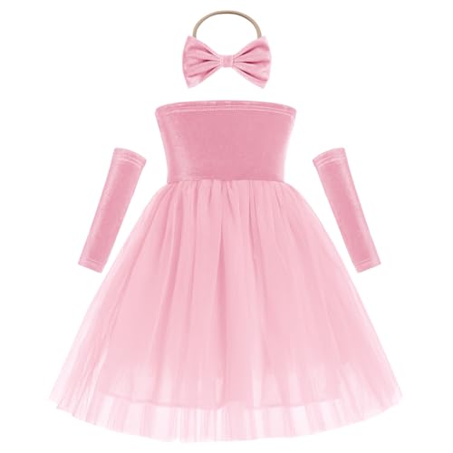 Toddler Baby Girls Velvet Christmas Dress Sleeveless Strapless Mesh Ruffle Dress Tube Fancy Party Twirl Dresses Fall Winter Outfits + Headband + Armbands Pink Velvet Baby Dress Tutu Pink 12-18 Months