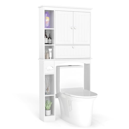 COSTWAY Over Toilet Storage Unit, Freestanding Bathroom Space Saver with Toilet Paper Holder, Doors & Open/Adjustable Shelves, Wooden Above The Toilet Cabinet Laundry Organizer for Small Space, White - Cosy Home Interiors COSTWAY Over Toilet Storage Unit, Freestanding Bathroom Space Saver with Toilet Paper Holder, Doors & Open/Adjustable Shelves, Wooden Above The Toilet Cabinet Laundry Organizer for Small Space, White