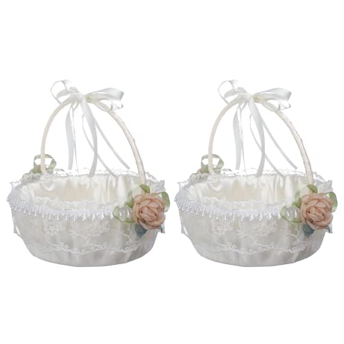 Fofetbfo 2 PCS Flower Girl Baskets for Weddings White Romantic Flower Basket with Bowknot Pearl and Foldable Handle Satin Lace Flower Girl Basket for Wedding Ceremony Party
