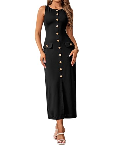 Image of Women's Sleeveless Sweater Maxi Dress Bodycon Button Ribbed Knit Pullover Casual Long Dresses for Office Work