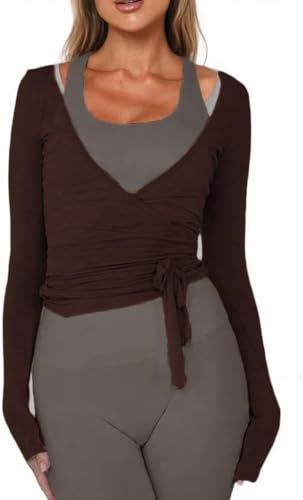 Image of Womens Slim Fit Tie Front Open Front Wrap Long Sleeve T Shirt Y2K Ballet Going Out Cardigan Aesthetic Casual Tops