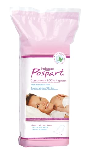 Indasec Compresas Posparto Alas, de Algodón - 10 Compresas