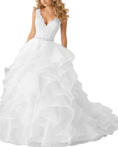 V-Neck Ruffle Wedding Dress for Bride Lace Appliques Sleeveless Gown with Belt A-Line Bridal Ball Gown HS01