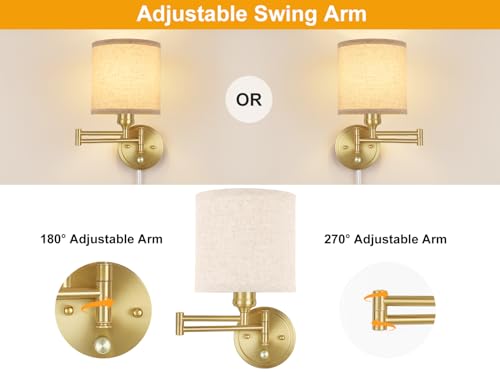 Image of GOODATE Plug in Wall Sconces with Remote Control, Dimming & Adjustable Colors 2700K-6500K, Hardwire or Plug-in, Swing Arm Wall Lamp with Linen Fabric Shade, Wall Sconces Set of Two, Gold Finish