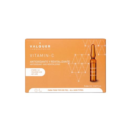 Valquer Serum Facial de Vitamina C en Ampollas. Antiedad, Hidratante y Protector con Ácido Hialurónico. Antiarrugas con Ingredientes Naturales y Antioxidantes. Todo Tipo de Piel. 5 unidades de 2 ml.