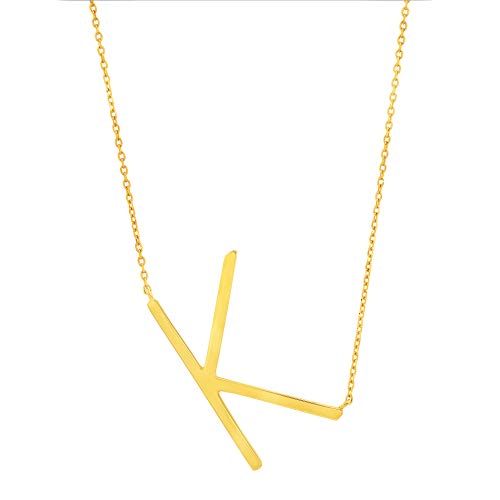 MAX + STONE 14k Gold Plated Sterling Silver Large Sideways Block Initial Letter Pendant Necklace for Woman with 16 Inches to 18 Inches Adjustable Chain and Spring Ring Clasp