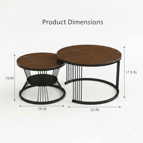 Image of Round Coffee Table Set of 2 for Living Room Wooden Top with Black Metal Frame Modern Nesting Center Table for Sofa Area Home & Office Furniture (Black Brown)
