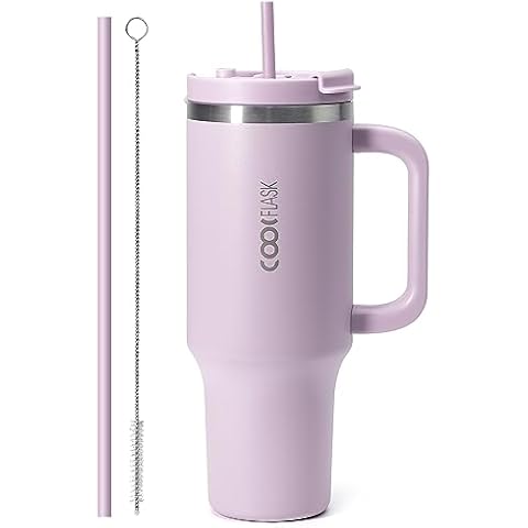 Coolflask 40 oz Tumbler with Handle and Straw Lid, Water Tumbler Insulated with 2-in-1 Leak-proof Lid, Coffee Tumbler Travel Mug Stainless Steel for Cup Holder, Keep Cold for 24h/Hot for 12h, Purple Cover