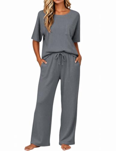 Image of JiniGolla Womens Pajama Sets Waffle Knit Short Sleeve Shirt with Long Pajama Pants Soft Sleepwear Pj Lounge Sets