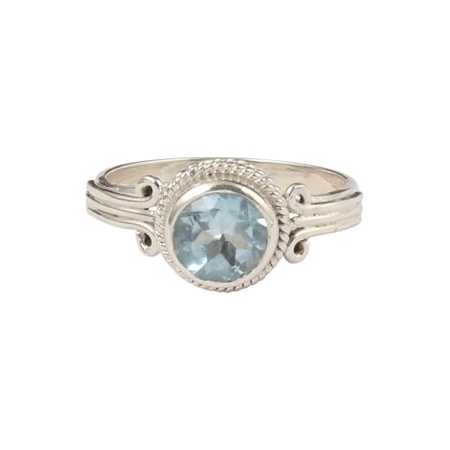 Bague topaze bleue ronde argent 925 femme artisanale au style torsadé unique