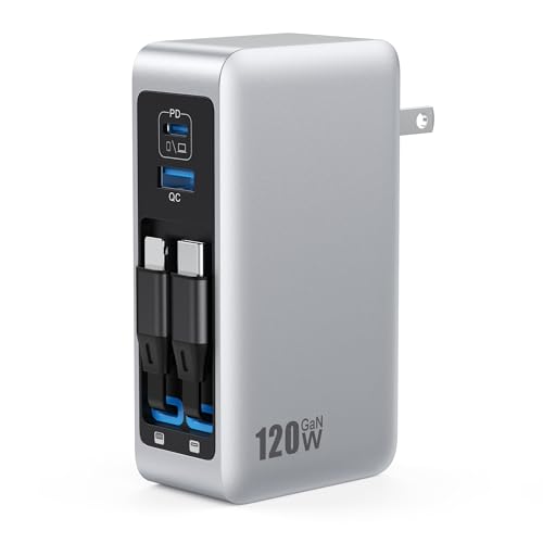 USB C Charger Block 120W with Built-in 2 Retractable Cables,4-in-1 GaN IV Charger Fast Charging Foldable Plug Wall Charger,PD 65W Laptop Charger for MacBook,iPad,iPhone 17-16-15,Galaxy,Android-Silver
