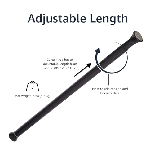 Image of Amazon Basics Adjustable Sturdy Spring Tension Curtain Rod, No Drilling /No Holes, 36-54 inch, Black, Classic Finial