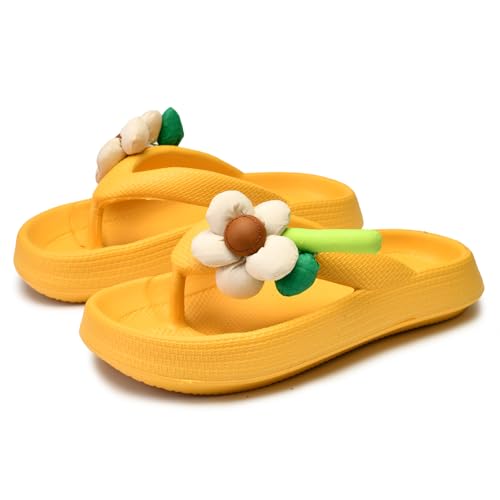 Women’s EVA Platform Flip Flops with 3D Cotton Flower, Soft Pillow Sandals, Non-Slip Cushioned Thong Slippers for Indoor & Outdoor, Cute Summer Slides