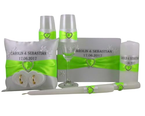 SET ring pillow, wedding candle, guest book, wedding glasses with name and date.20 colors