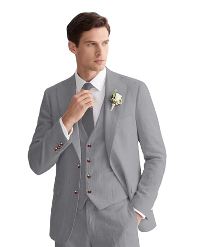Mens Linen Suit Slim Fit Beach Prom Dress Lightweight Tuxedos Jacket Set Wedding Outfit for Men Blazer Vest Pants Grey XL - Main Image