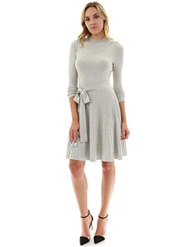 PattyBoutik Women Mock Neck Fit-and-Flare Knit Sweater Dress (Light Gray Medium) - Thumbnail 4