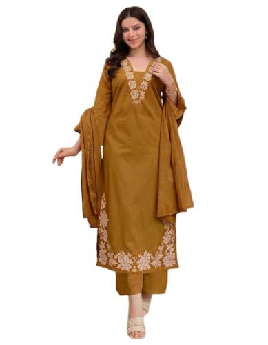 Image of ANNI Designer Pure Cotton Embroidered Kurta Set for Women | Rust Orange Kurta with Pants & Dupatta | Floral Neck & Hem Embroidery | Cotton Kurta Set for Women | 10 Colour Options Available