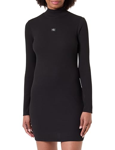 Calvin Klein Women's LS Woven Label 2X2 Rib MINI DRES LV047E204G Dresses, Black (Black), L