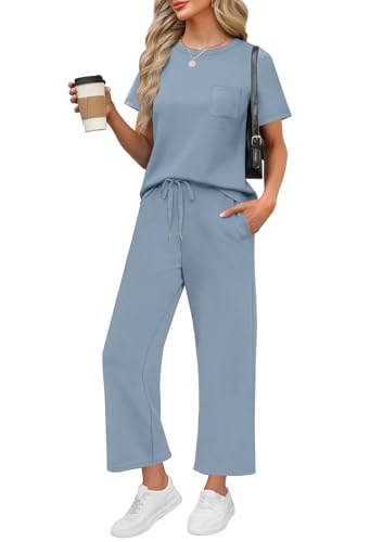 Image of WIHOLL 2 Piece Sets for Women Casual Summer Travel Vacation Outfits Short Sleeve Wide Leg Crop Pants Lounge Sets