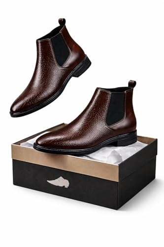 Image of Men's Leather Chelsea Boots | Ankle Boots with Textured Finish Formal & Smart Casual Boots | Comfortable Fit, Trendy, Stylish Boots | Leather Boots for Office /Fashionable
