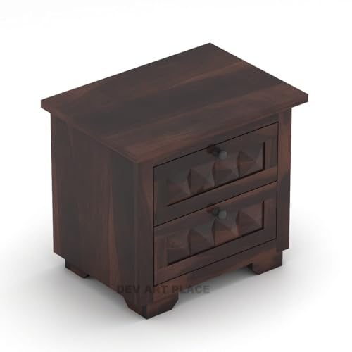 Image of Solid Sheesham Wood Bedside Table for Bedroom | Handmade Pure Wooden Bed Side Nightstand End Table with 2 Drawers Storage for Home & Bed Room | Rosewood, Walnut